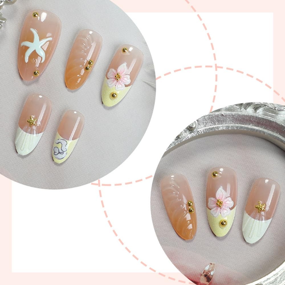 30 Pcs Press on Nails Short Almond Nail Tips,Summer Fake Nails Press ons Yell…