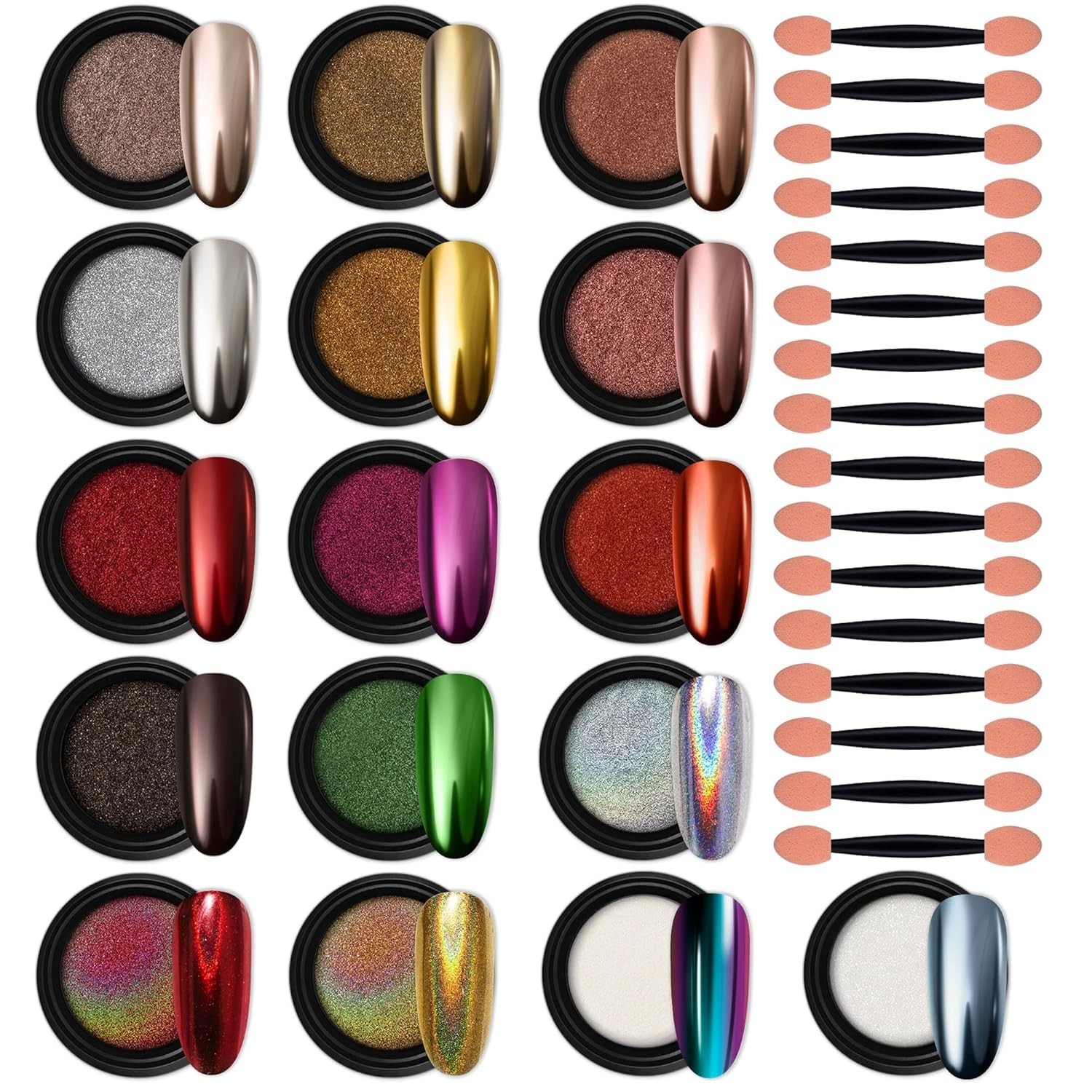16 Jars Chrome Nail Powder Kit – Mirror Effect Pearl, Silver Metallic, Holograph