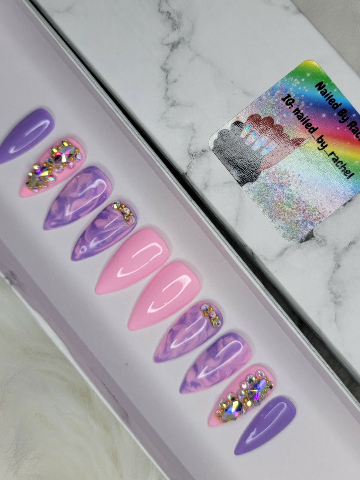 Pink & purple marble bling press on nails stiletto watercolor spring pastel nail