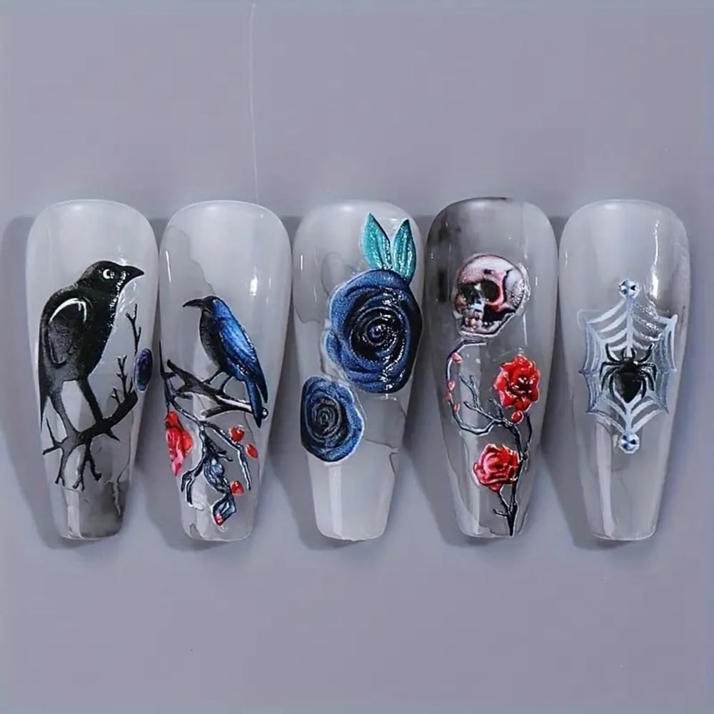 2Pcs Halloween 5D Nail Art Stickers – Black Red Roses Crow Skulls and Black C…