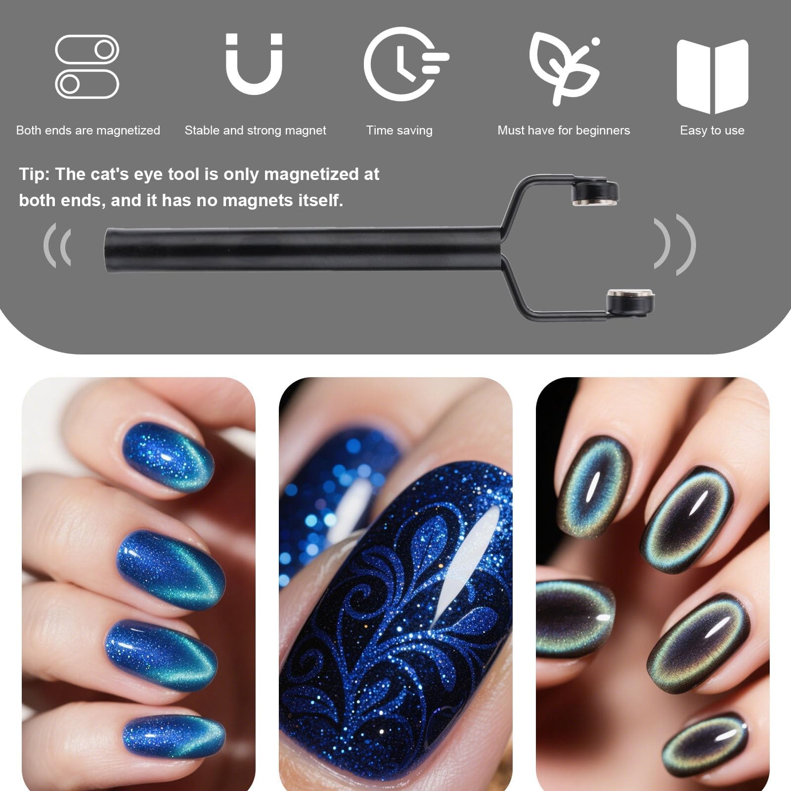 3 in 1 Cat Eye Magnet for Nails, Nail Art Design Cateye Magnetic Tool Black