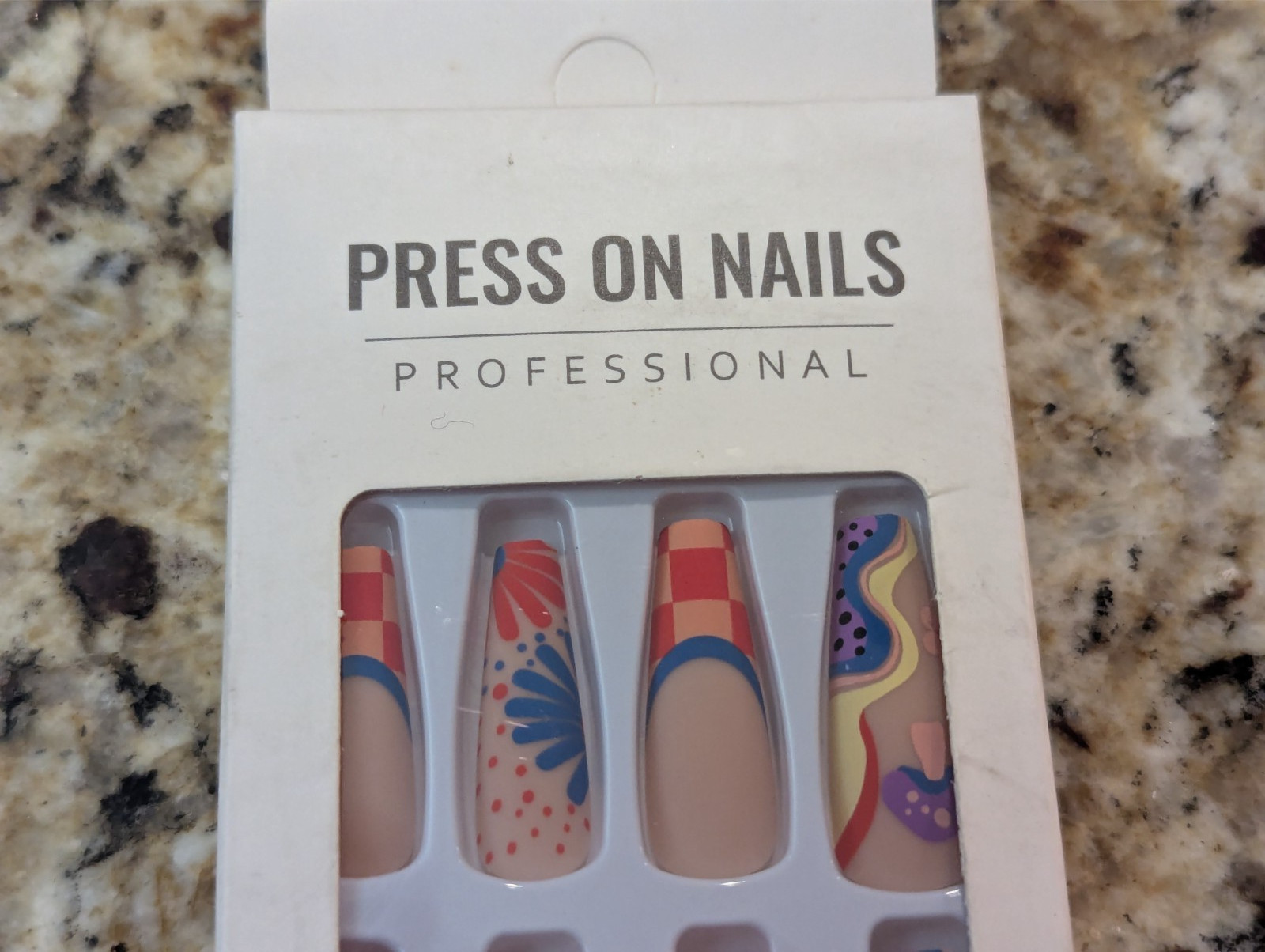 Press On Nails One Minute Nail Tip #167 Long Red Yellow Blue Purple Design 24ct