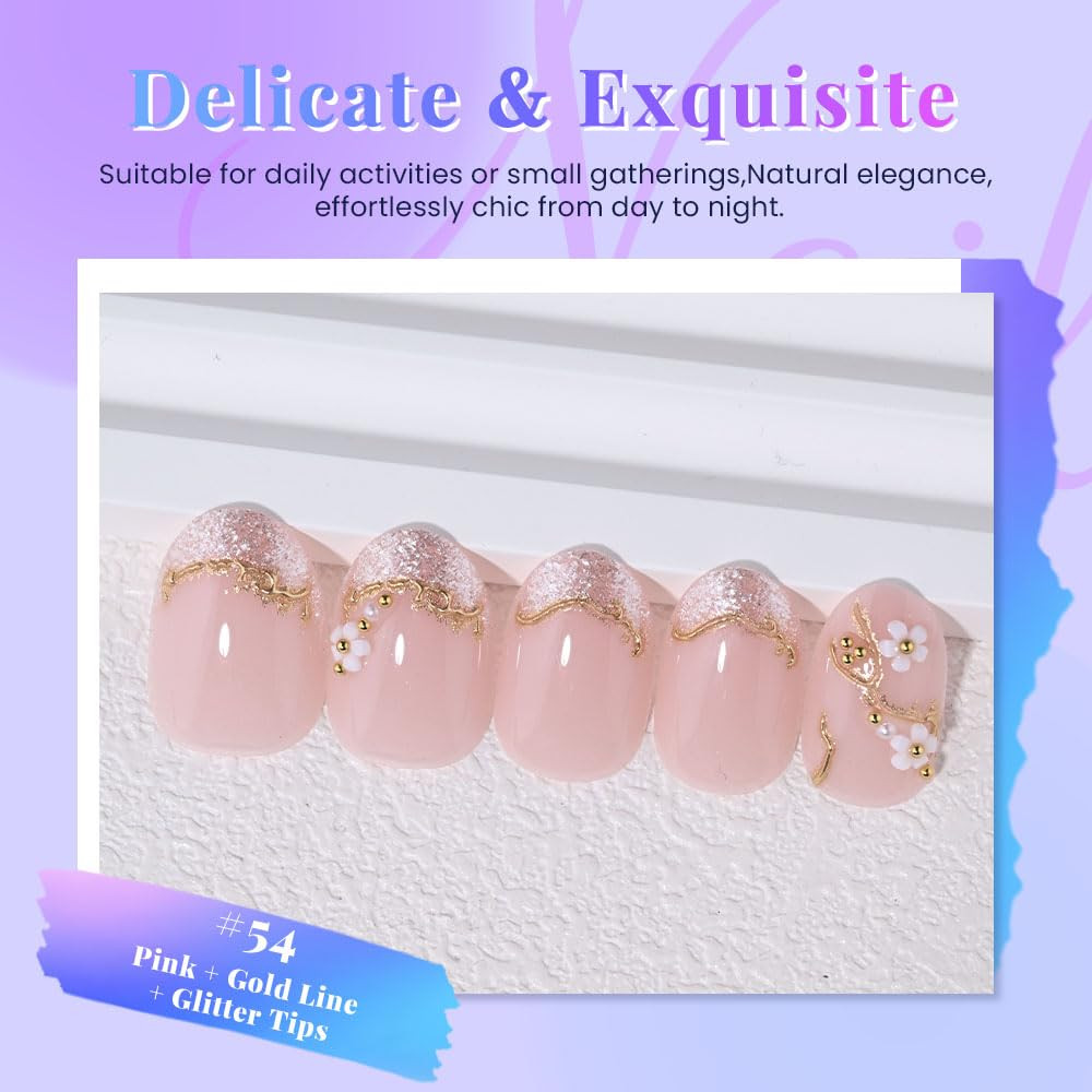 French Gold Pearl White Flower Press on Nails, Short round Acrylic Fake Nails De
