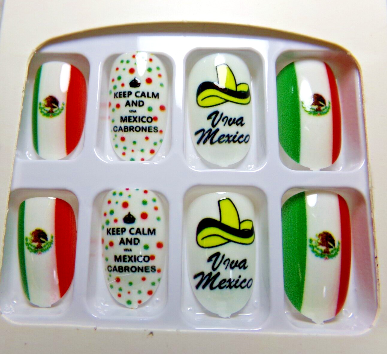 Viva Mexico Cabrones Nails Shiny Mexico Flag Cinco de Mayo Green GLUE ON Medium