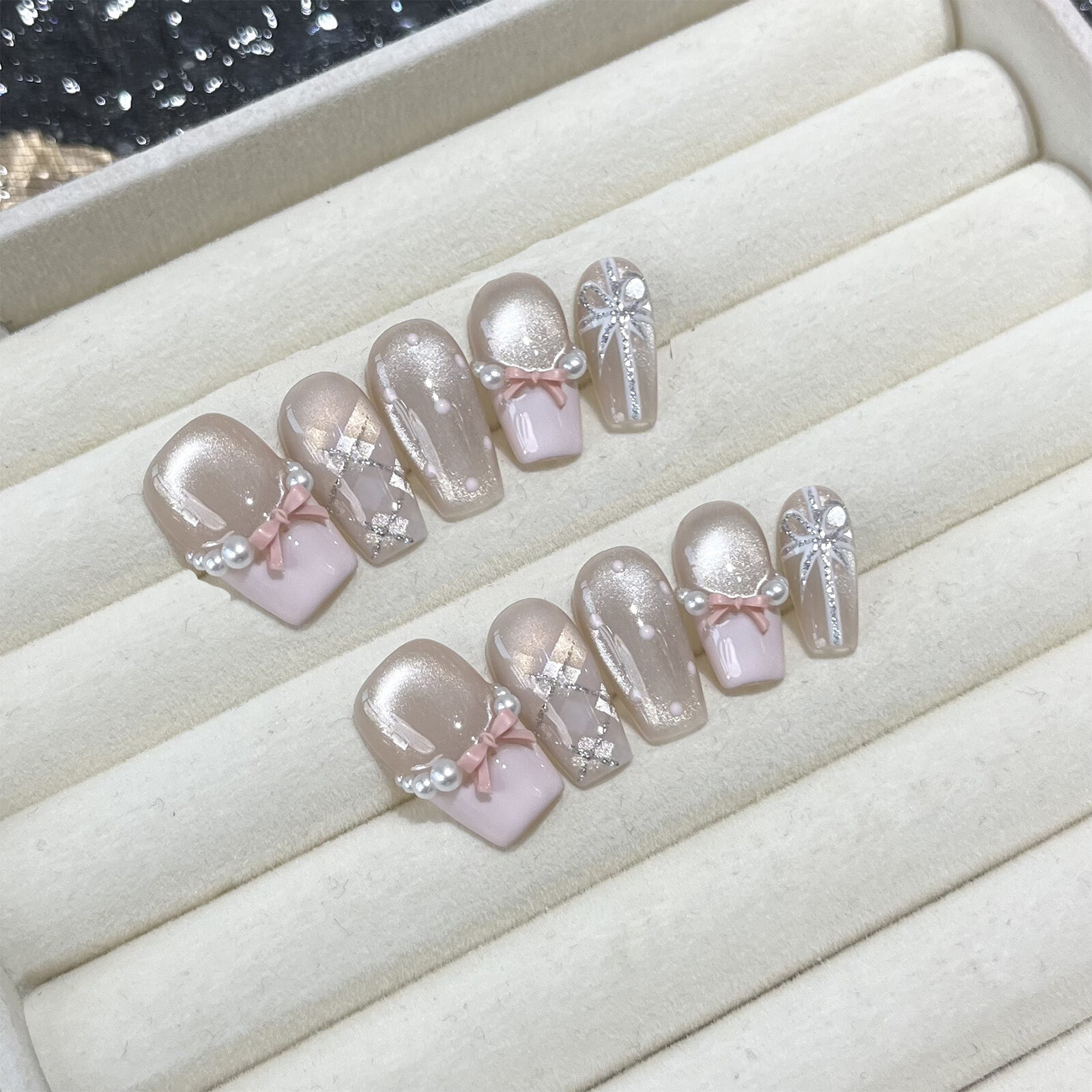 Handmade False Nail French Pink Clear Cat Eye Checkered 3D Bow Press On Nail