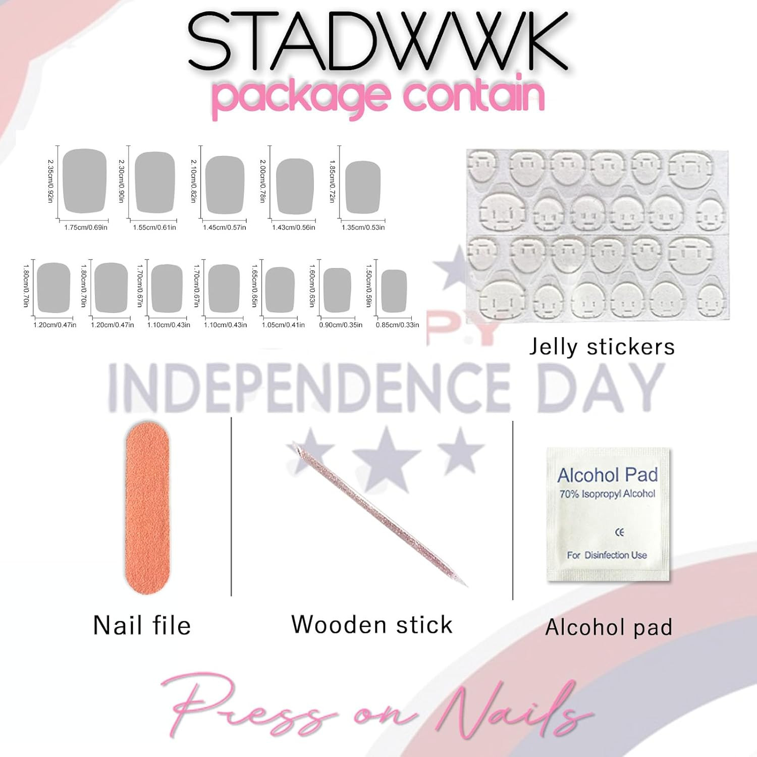4Th of July Press on Nails Medium Square Fake Nails with Blue Red White Flower D