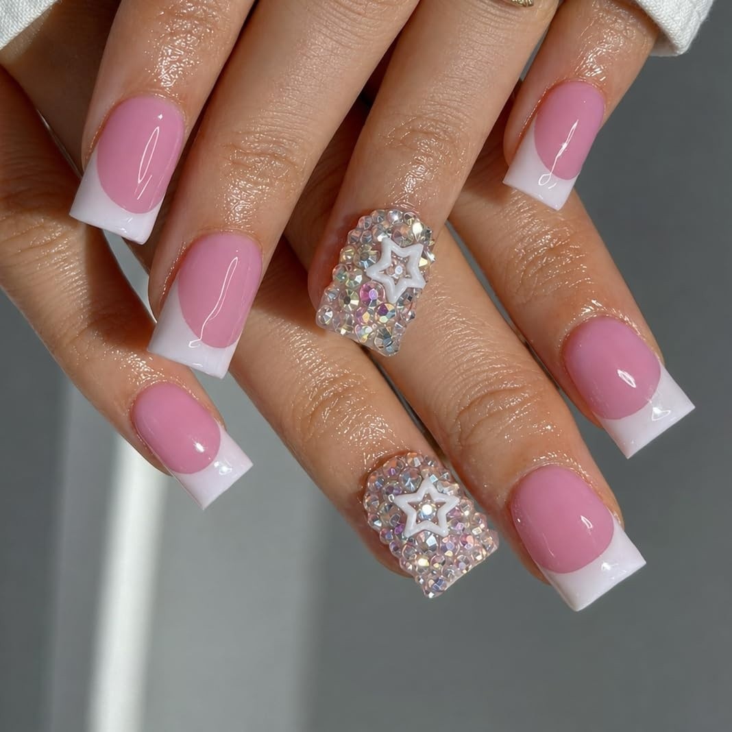 Medium Square Press On Nails Pink White French Glitter Rhinestone Fake Nails