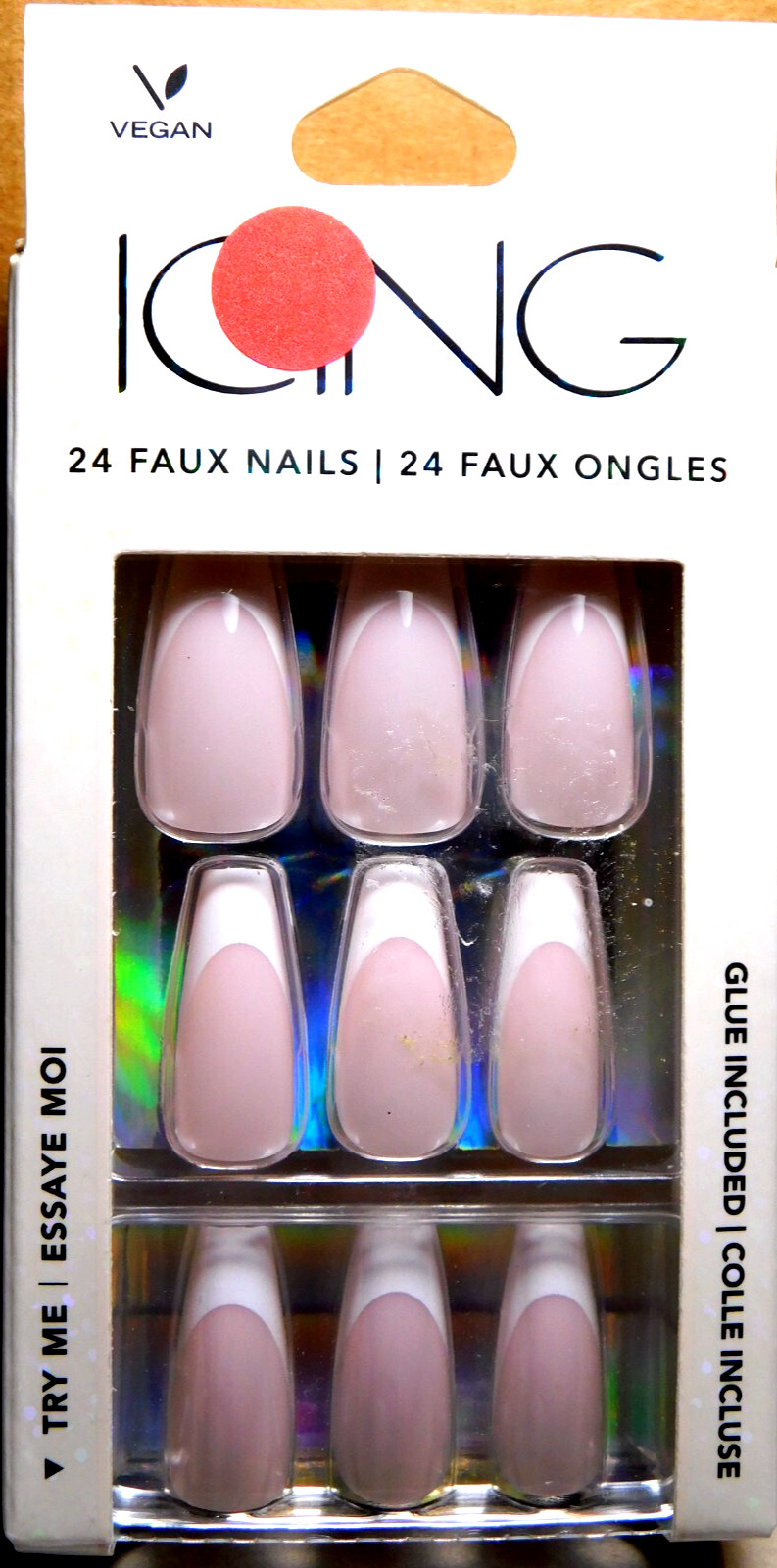 CBI Distributing Corp.~Icing 24 Faux Nails Vegan BH.AN Peachy Pink White Tips
