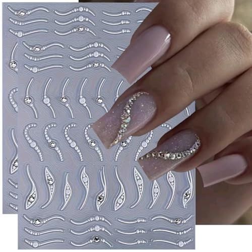 French Line Nail Art Stickers 3D Embossed Diamond Nail silver diamond swirl