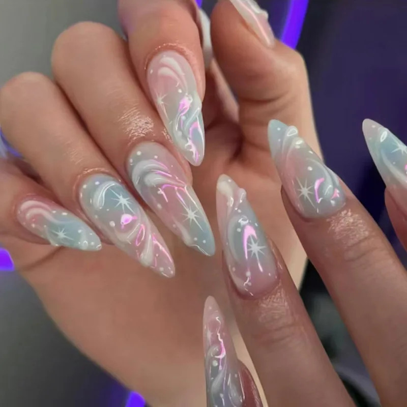 24Pcs Colorful Aurora Pink Blue Almond Y2K Press On Nails