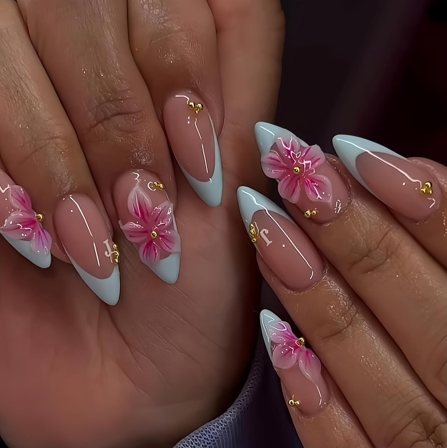 24Pcs Almond Press on Nails 3D Pink Fake Nails Medium Blue French Tip False Nail