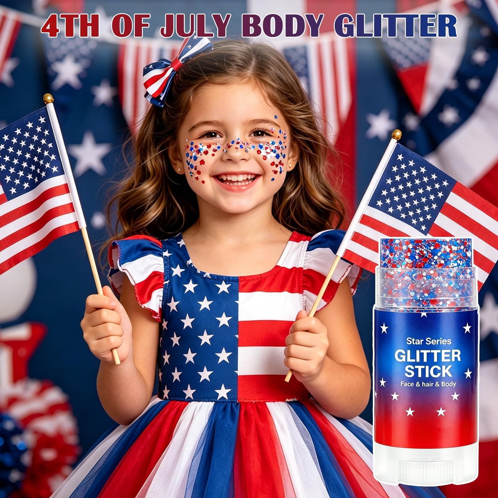 4th of July Body Glitter Stick – Red White Blue Star Face & Hair Glitter for Kid