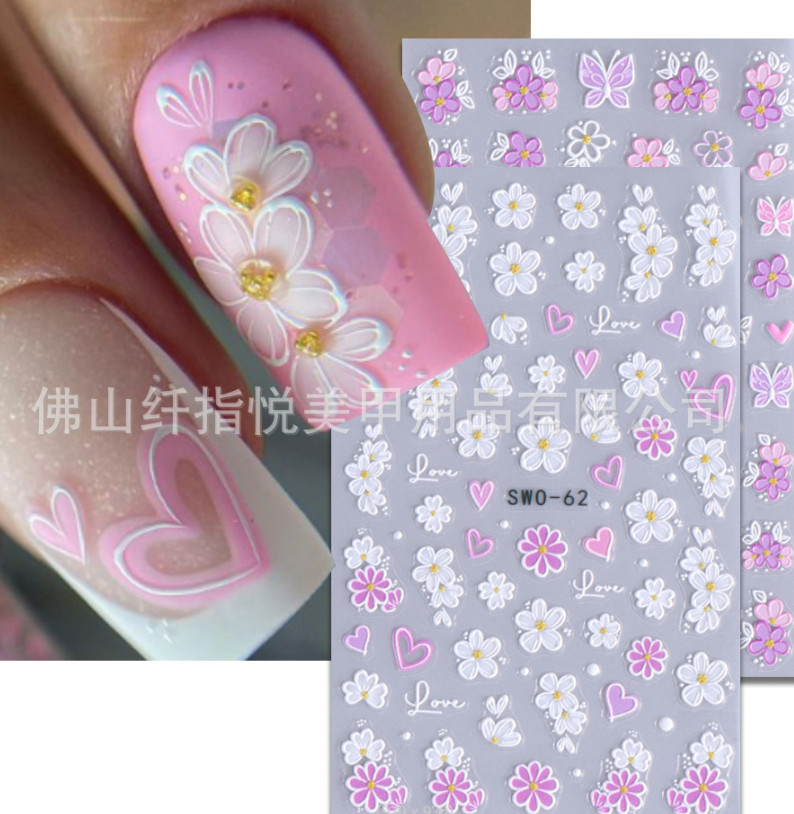 5D Embossed Camellia Floral Flowers Heart Nail Art Stickers Decals DIY NS52