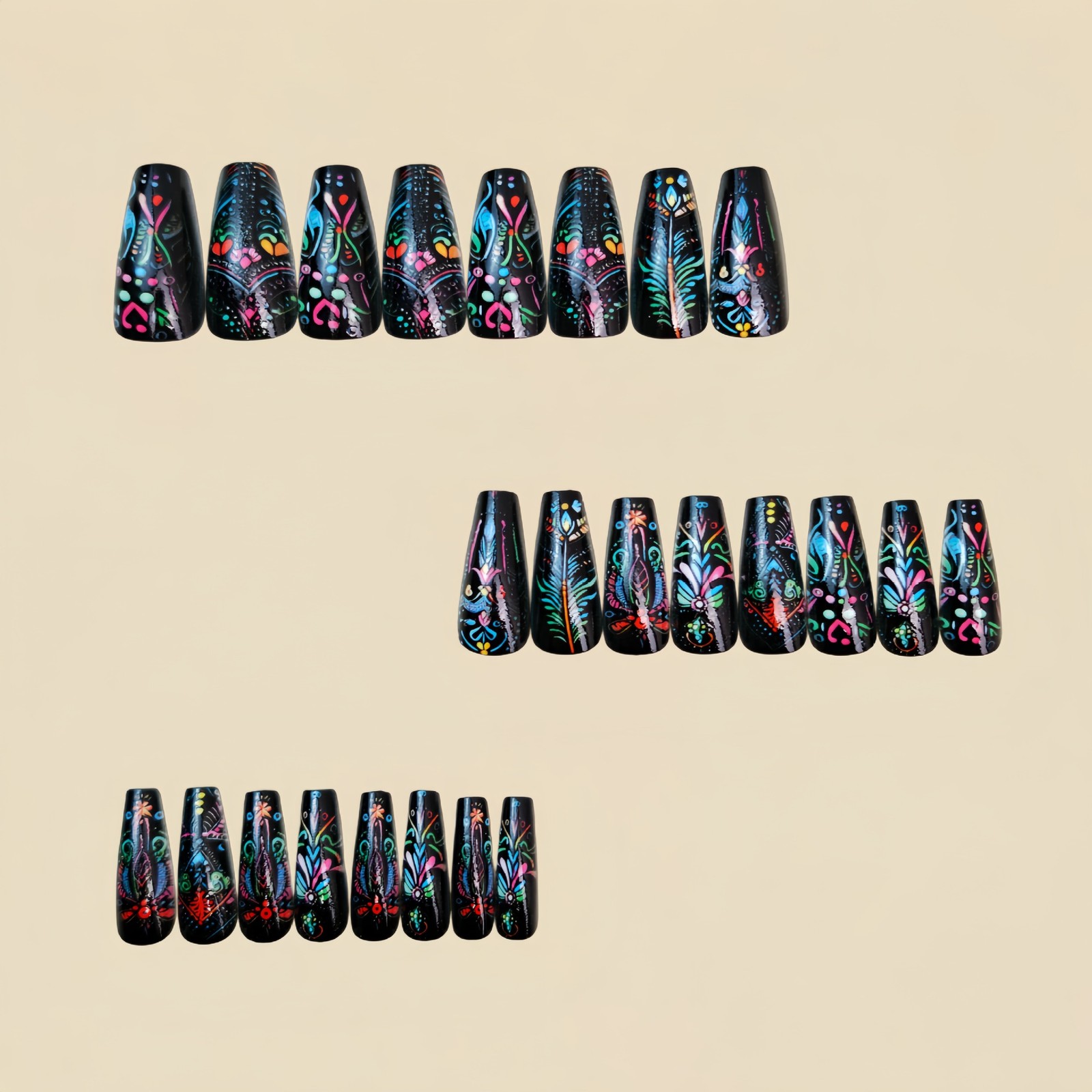 48Pcs Black Neon Press on Nails Tribal Feather Hand Painted Stylish Fake Nails