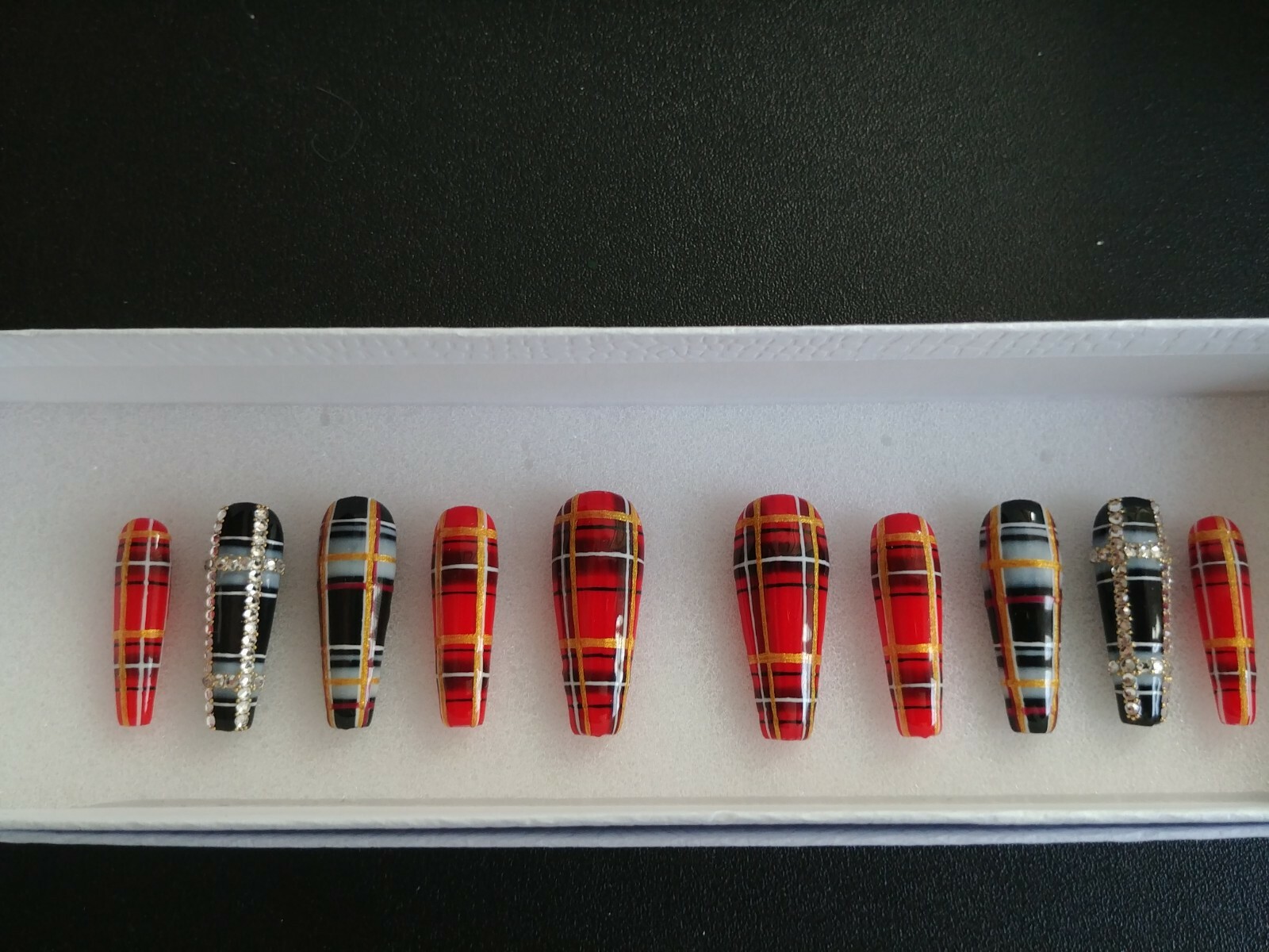 Long Ballarina Full Length Nails/ Blinged out Tartan design