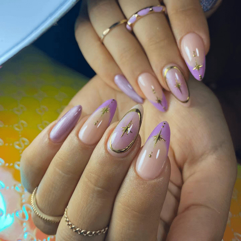 48Pcs-Long Almond Lavender Purple Gradient Gold Star Line Elegant Press on Nails
