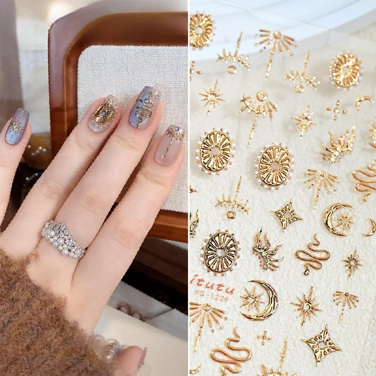 1 Sheets Embossed Star Nail Stickers for Nail Art Gold Snake Nail Decals 5D Self