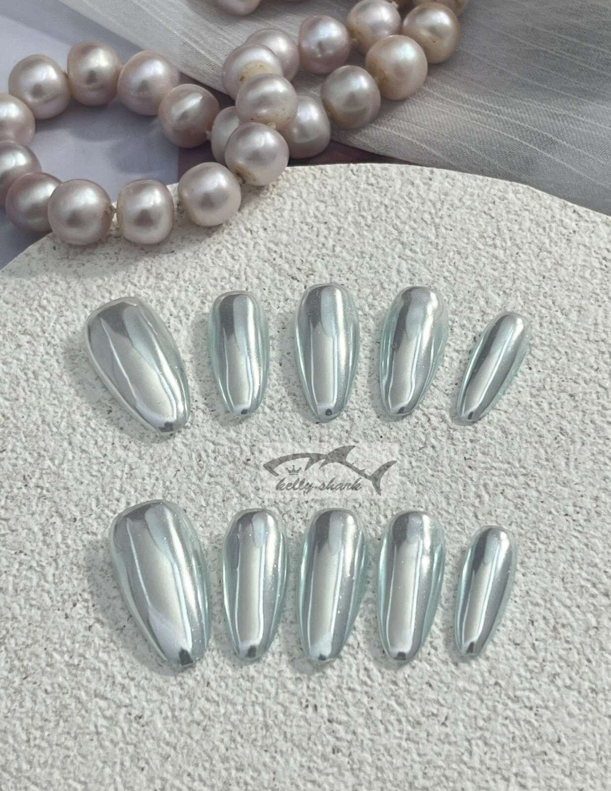 10pcs Handmade Polar Silver-Silk Hailey Press on Nails, Medium Almond shape, SML