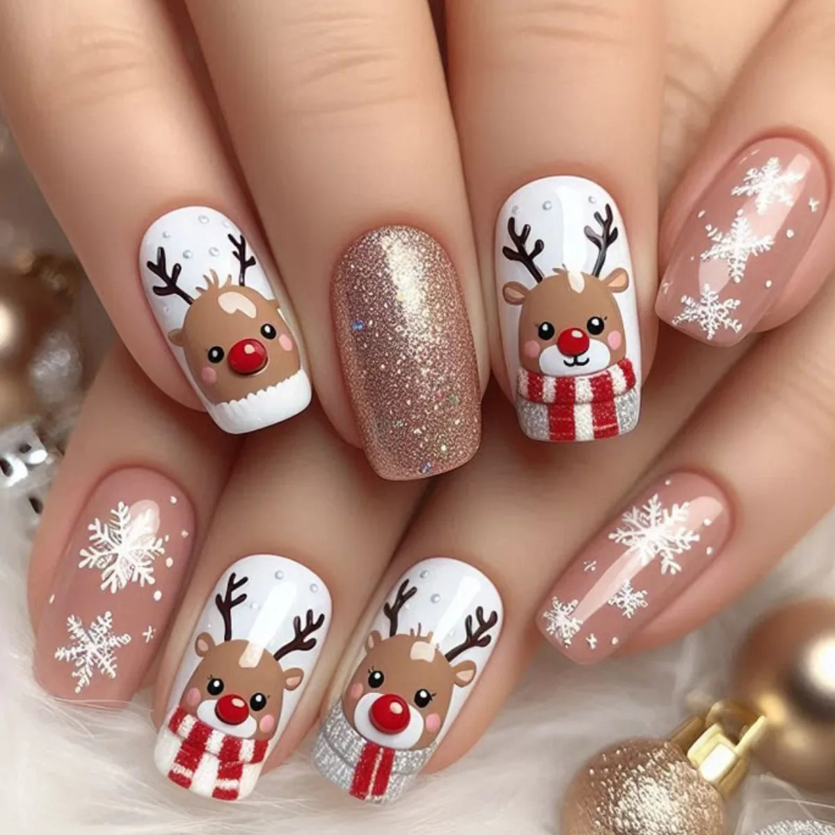 24pcs Green Christmas Santa Snowman Print Press On Nails