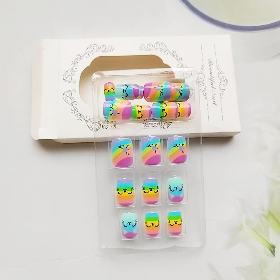 Short Square Press on Nails Rainbow Striped Fake Nails Summer French Tip Acry…