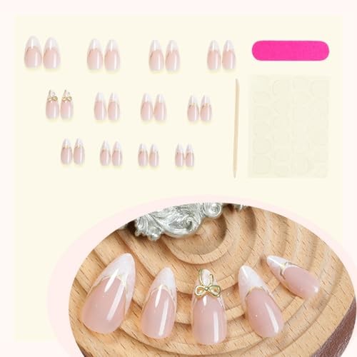 24pcs White French Tip Press On Nails, Almond Fake Nails with 3D Bow, Acrylic