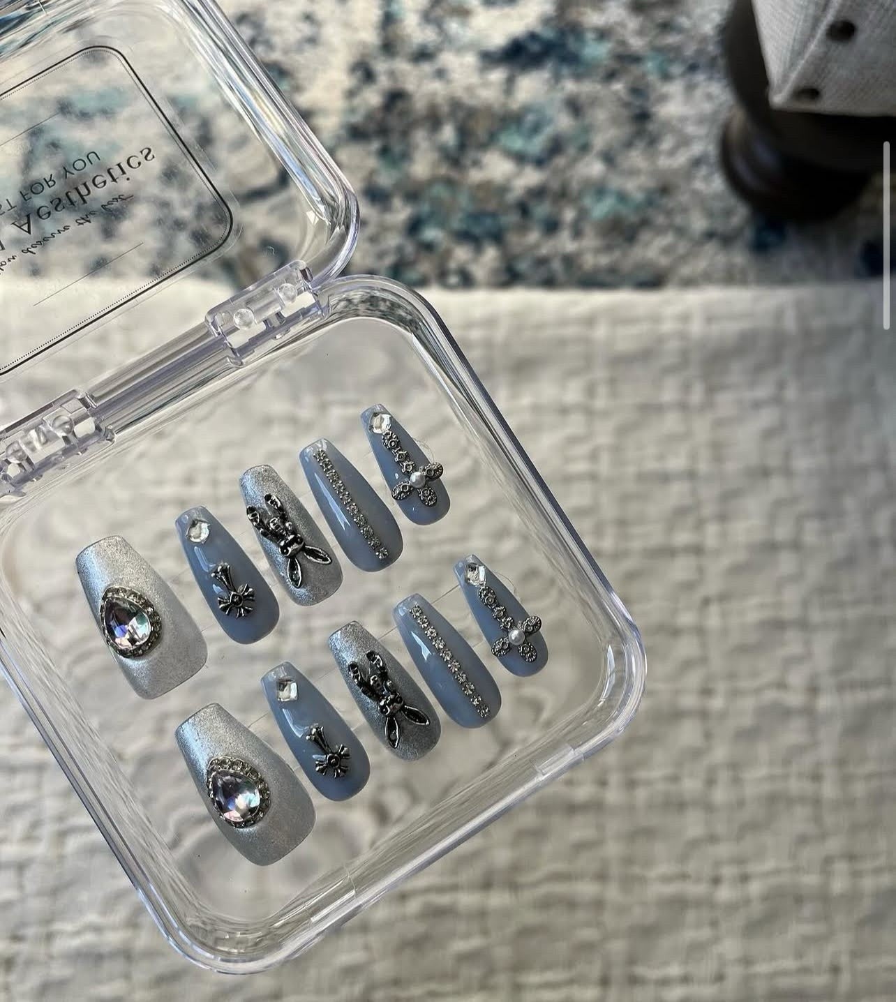 Press-On Nails Long Square Blue Silver Shiny Glitter Full Cover Pre-Designed Set