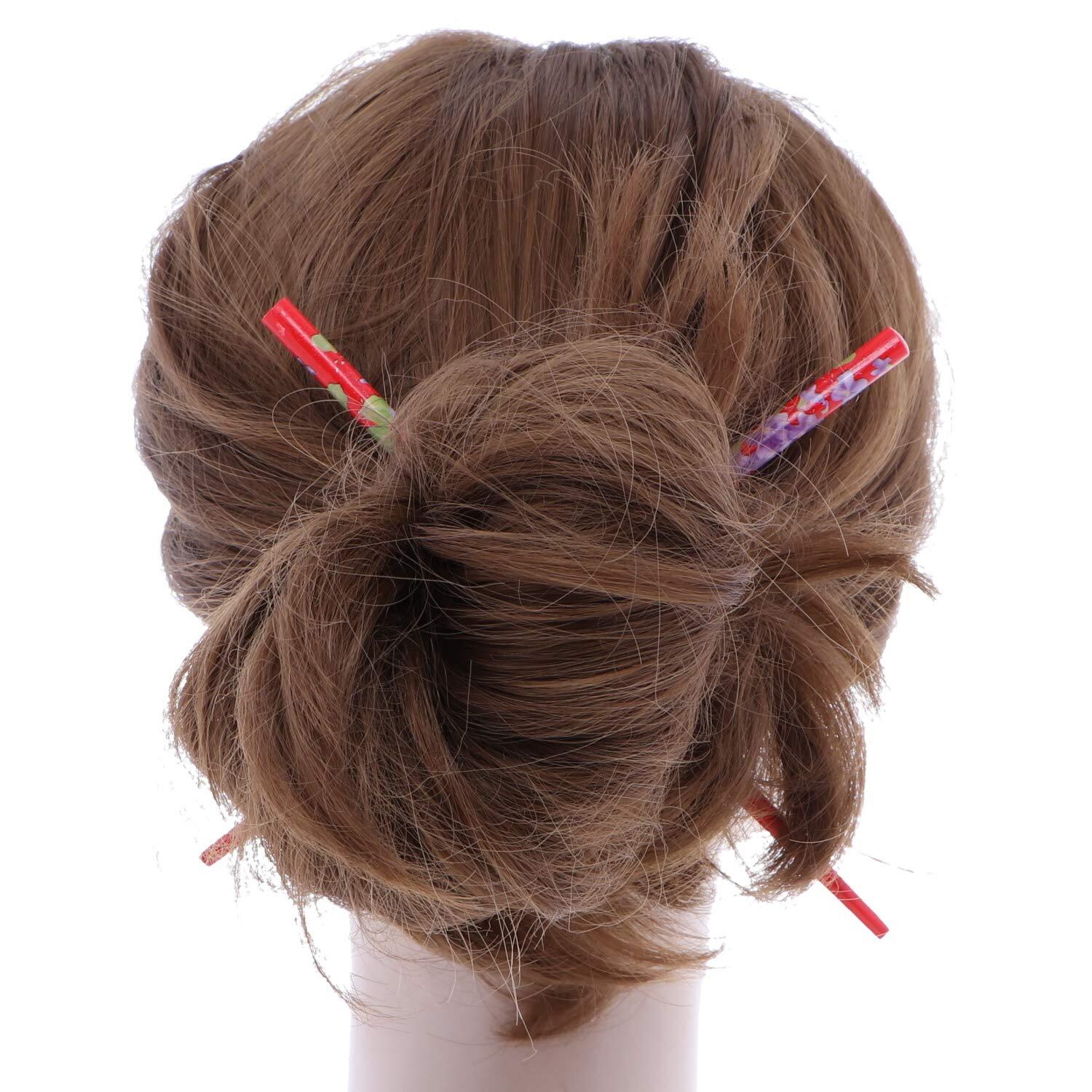 Set of Two Wooden Hair Sticks With Flowers Pin Chopsticks 7 inches Red