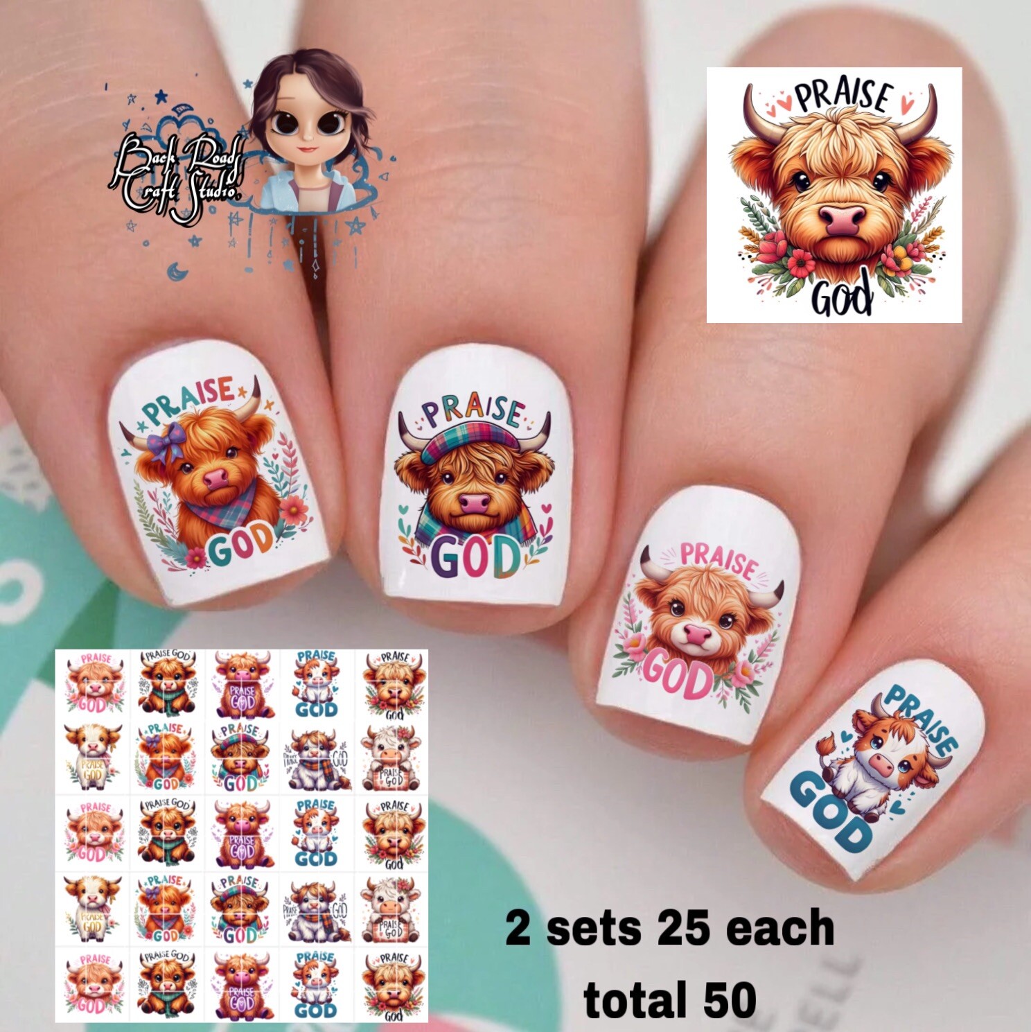 Praise God Highland Cows Waterslide Nail Art Decals Set Of 50 Instructions Bonus