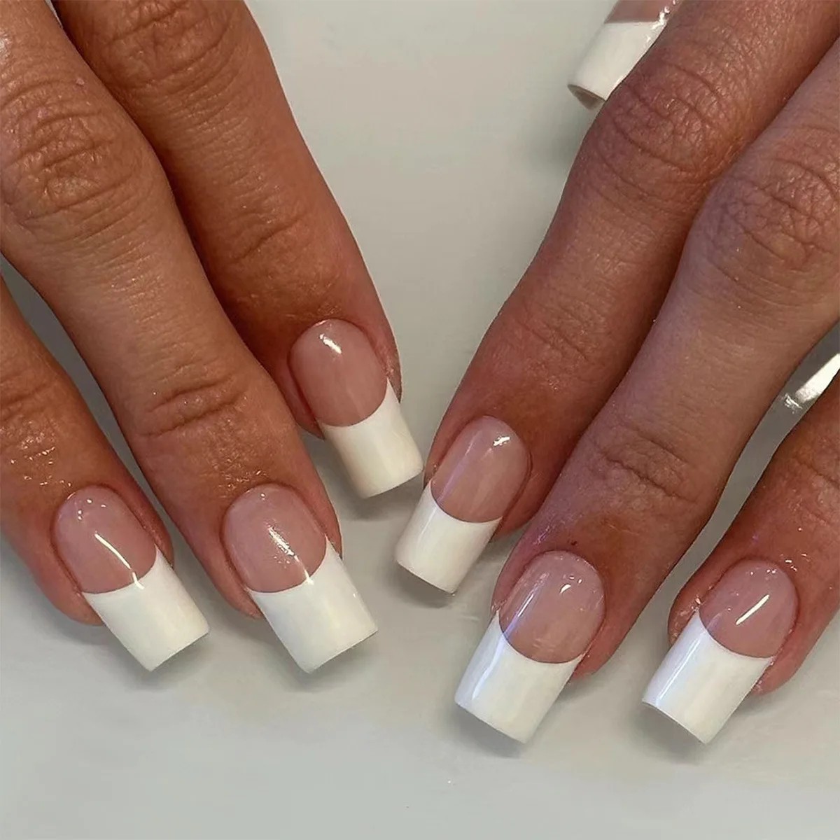 Long Square Press On Nails, French Tip Fake Nails Full Cover False Nails