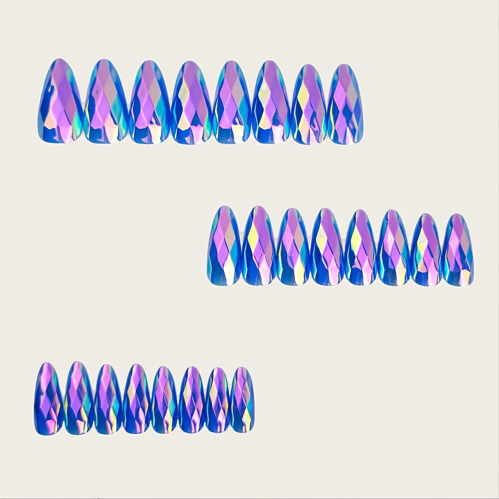 24 Bluish Medium Almond Press On Nails, 3D Diamond Shiny Holographic Design