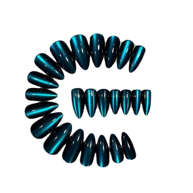 48PCS Medium Voltage Almond Fake Nail Lake Blue Flash Removable Nail Art