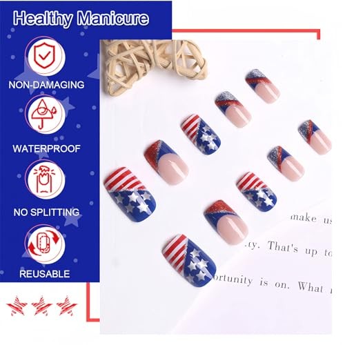 4th of July Press on Nails 1 Count (Pack of 24) 08.red blue French silver star