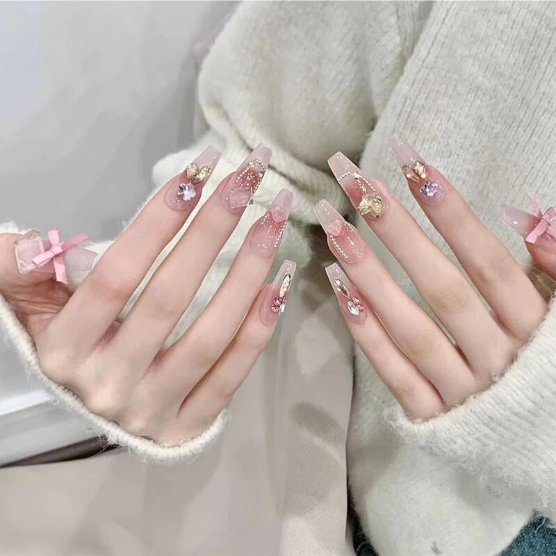 Handmade French 3D Full Of Diamond Bow False Nail Long Coffin Press On Nail Set