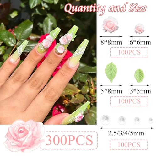 300PCS Flower Nail Charms Pink 3D Roses Flower Charms for Nail Design Green