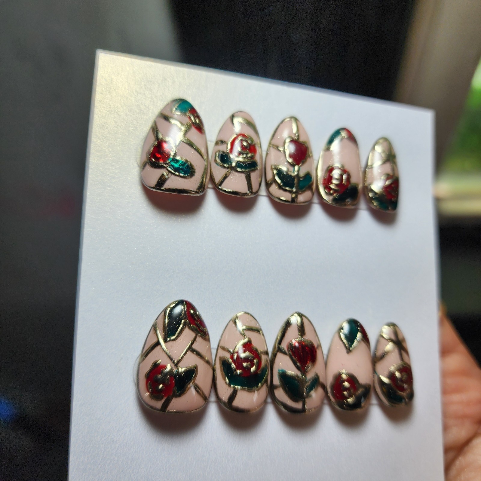 Handmade Medium Size Extra Short Stained Glass Press On Nails Roses And Chrome