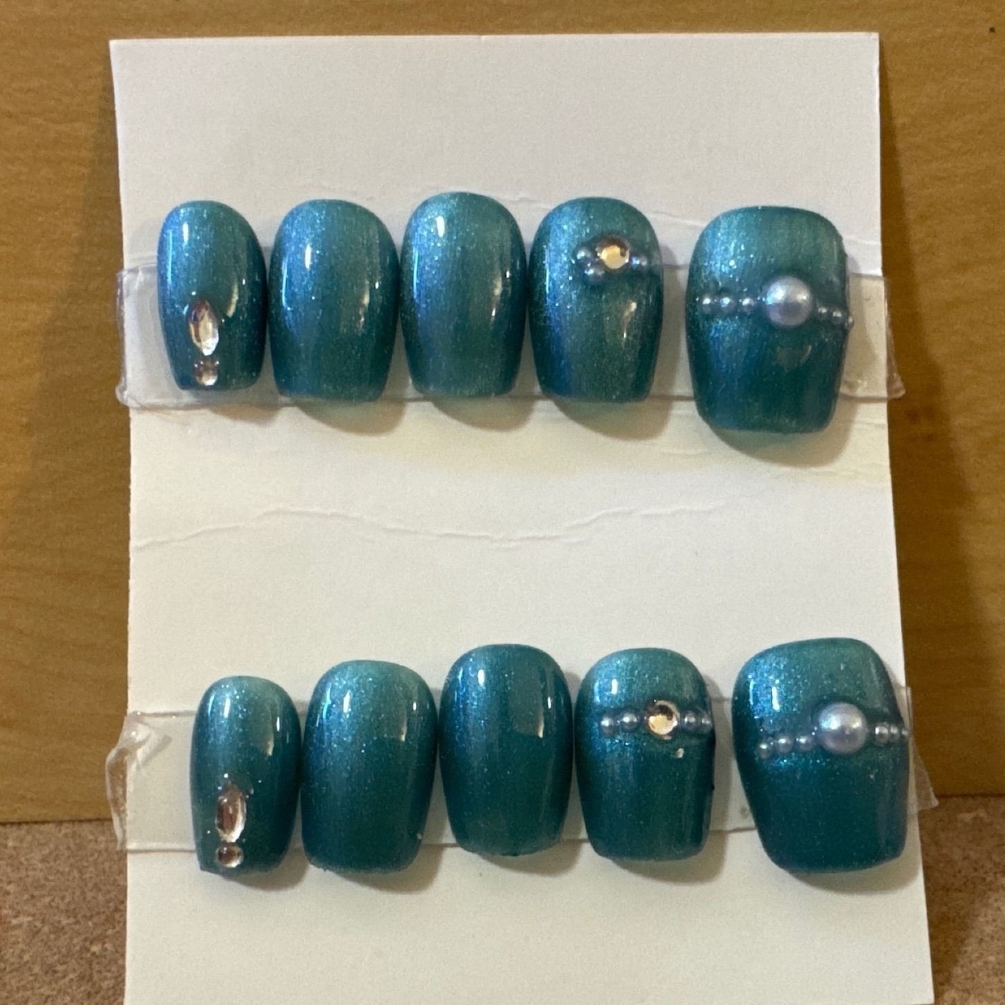 Teal Blue Cat Eye Press On Nails with Rhinestones and Pearls Short Square Set