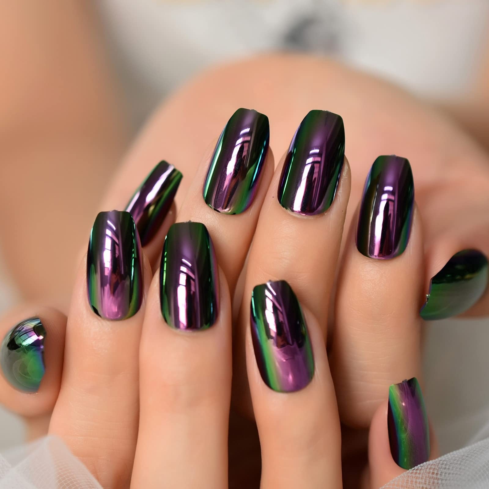 Short Midi Coffin Nails Chrome Mirror 24 Count (Pack of 1), Metal Rainbow