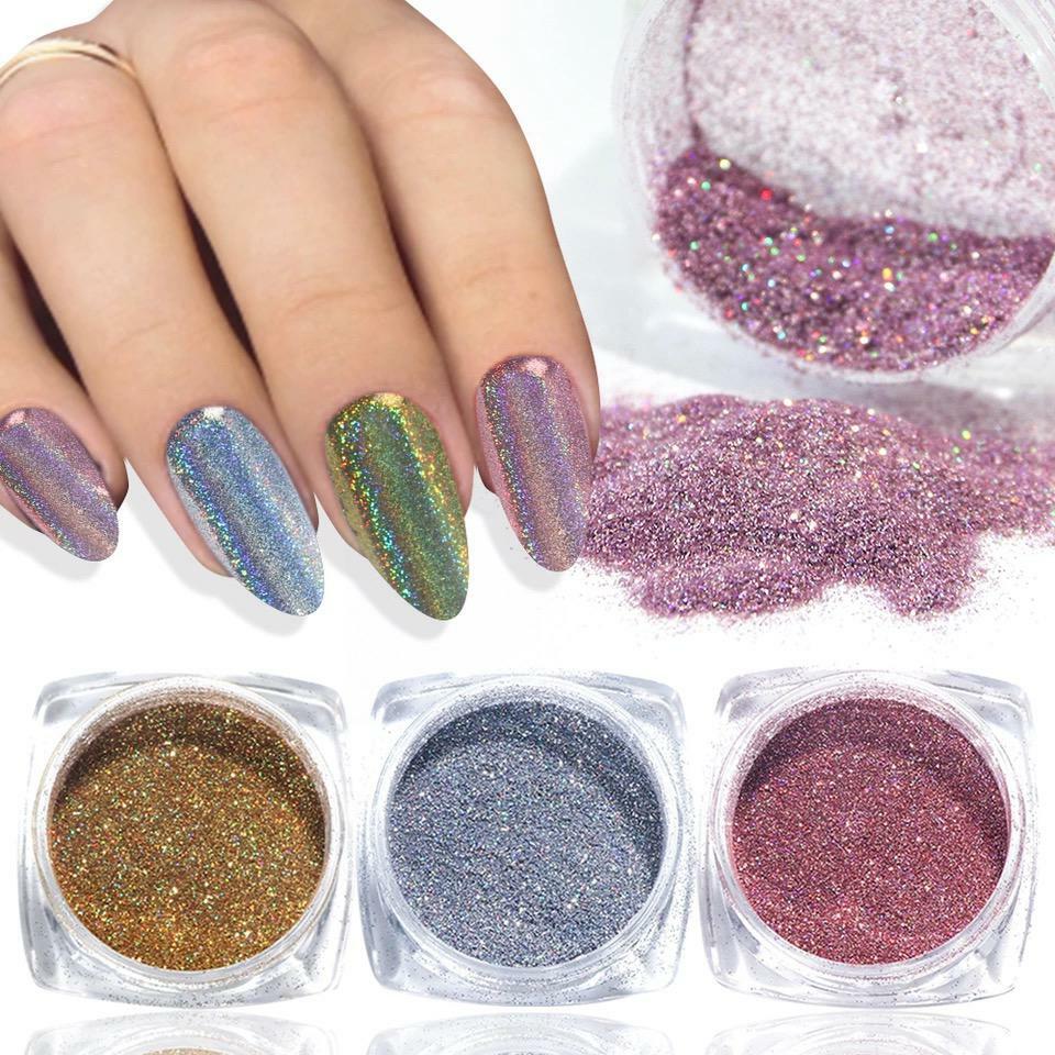 HOLOGRAPHIC CHROME POWDER NAIL GLITTER SHIMMER 12 Colours Laser EFFECT PIGMENT