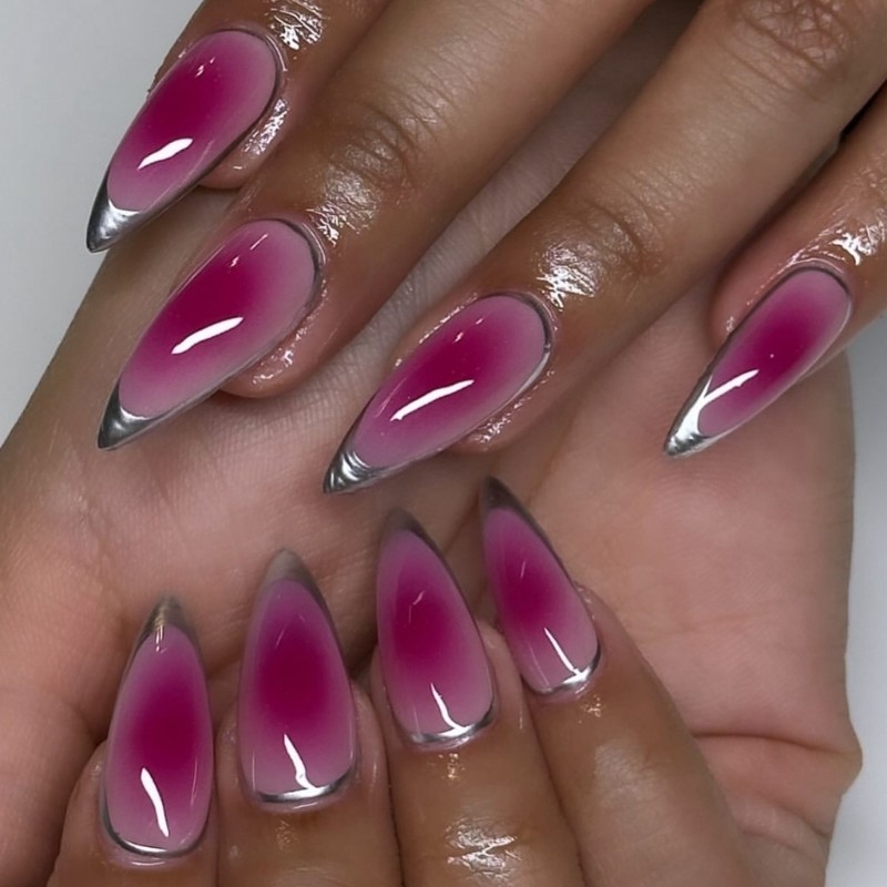 Fashionable Rose Red And Silver French Almond Press on Nail Acrylic Nail Tips