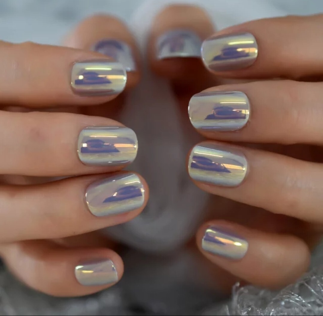 24 short Chrome ethereal press on nails kit holographic angelic fantasy multi