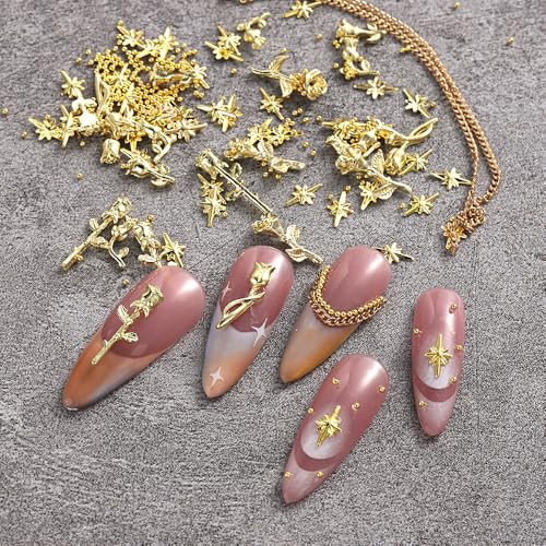 3D Metal Rose Nail Art Charms – Mixed Styles Gold Roses Flowers Alloy Nails