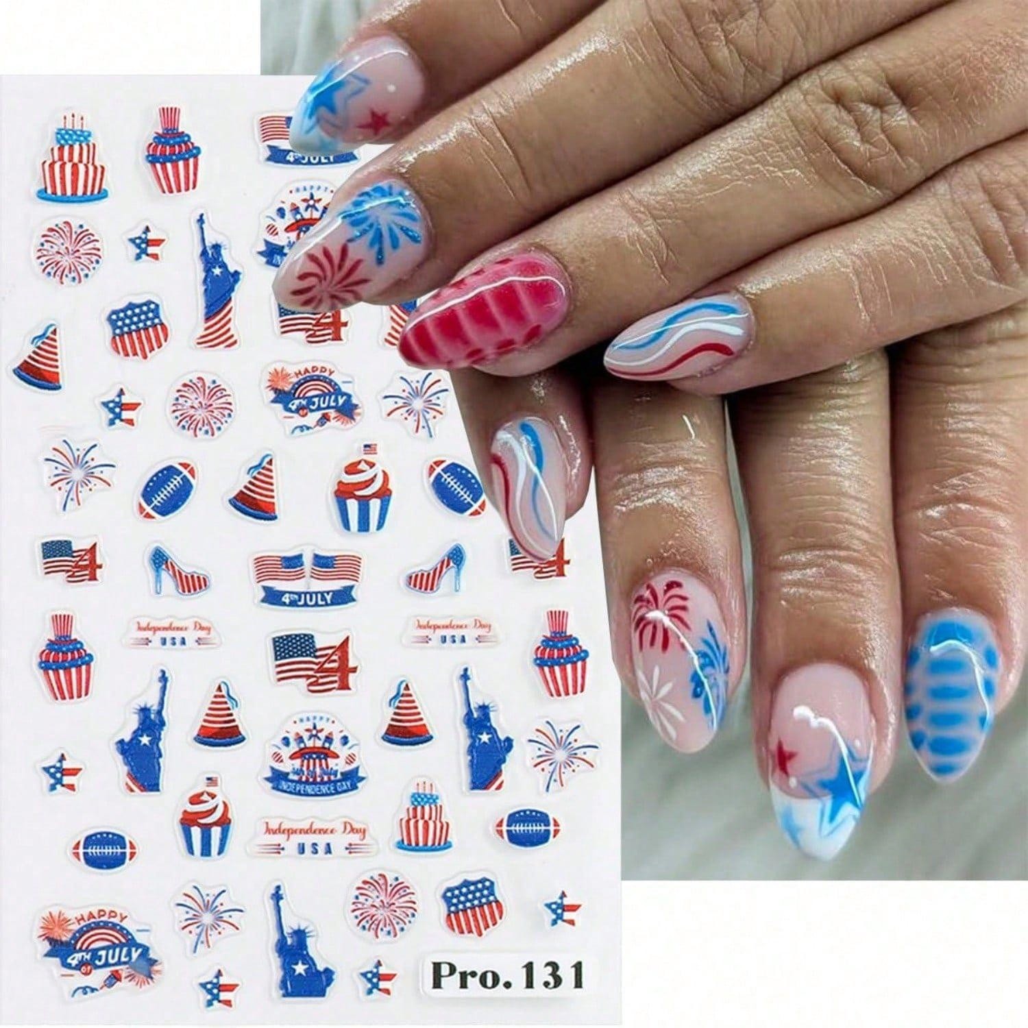 6 Sheets 4th of July Nail Art Stickers 3D Decals Red Blue White American Flags