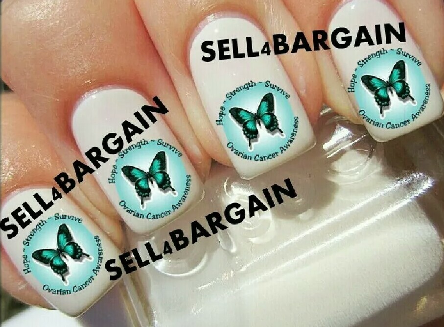 Teal Ribbon Hope, Strength, Survive Ovarian Cancer Butterfly》Nail Art Decals