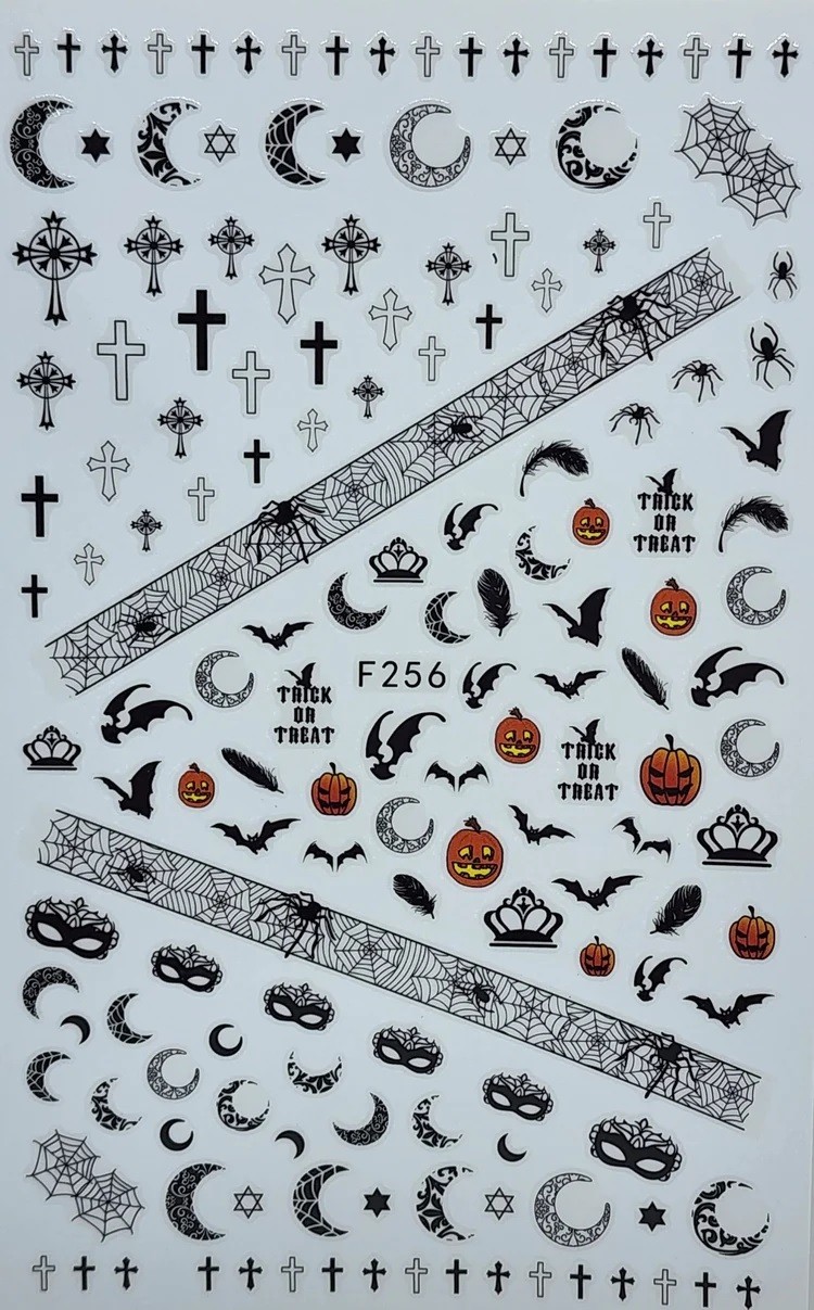 Nail Art 3D Decal Stickers pumpkin bat spider web moon cross F256