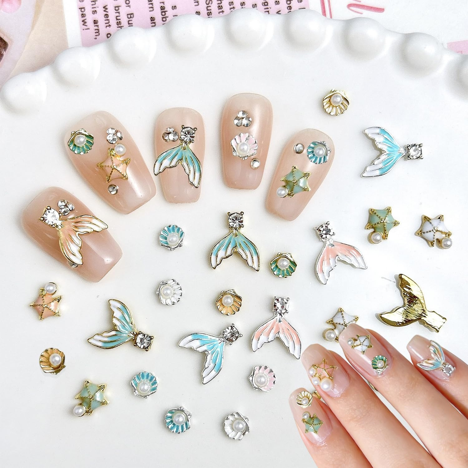 200Pcs 3D Aurora Beach Nail Charms Set Summer Ocean Nail Art Charms with Mermaid