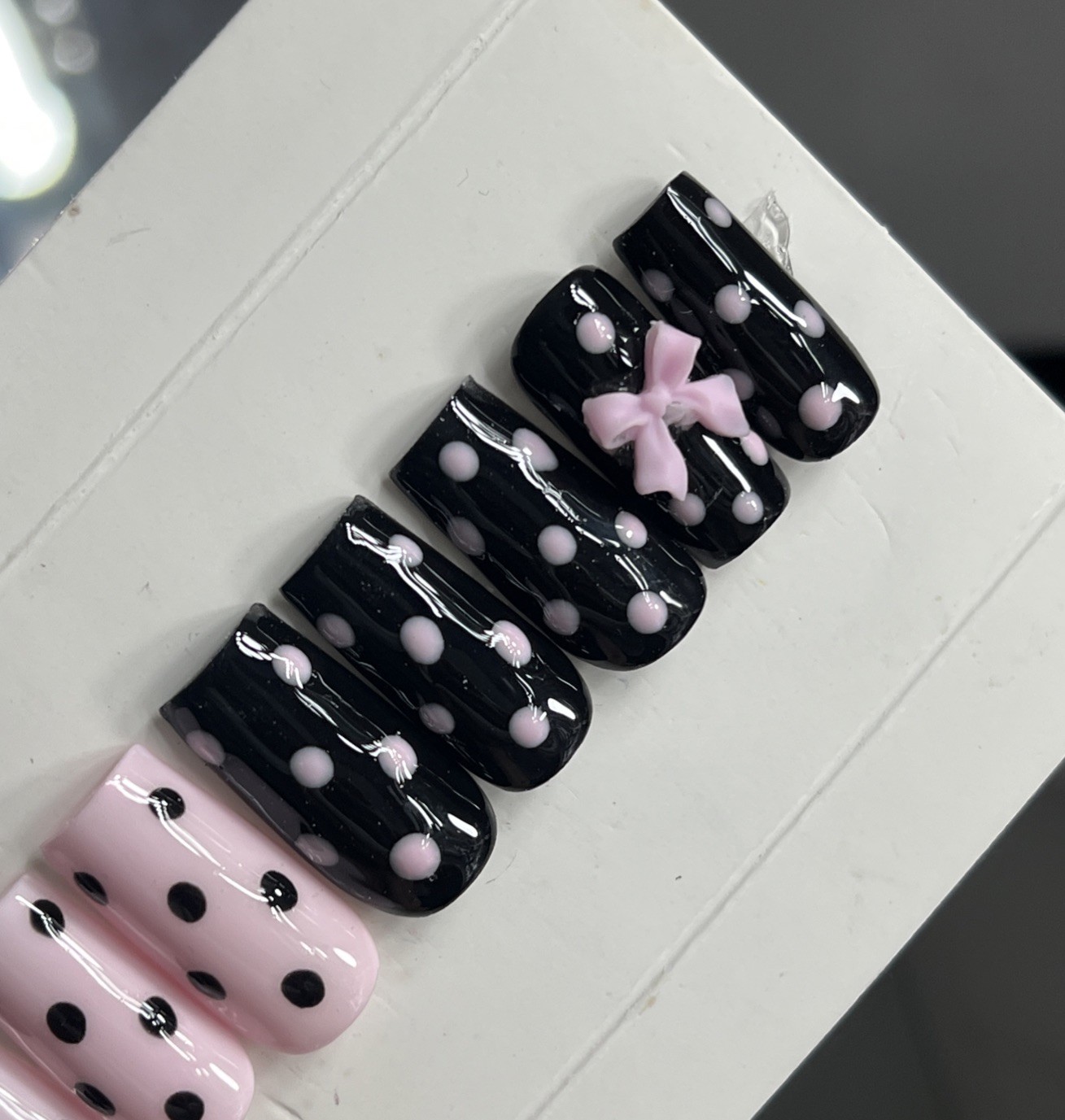🌸 CUSTOM Press On Nails PINK BLACK POLKA DOTS BOW 10p SET W Kit