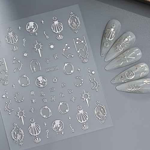 12 Sheets Silver Nail Art Stickers Star Nail Stickers Sun Standard Style-18