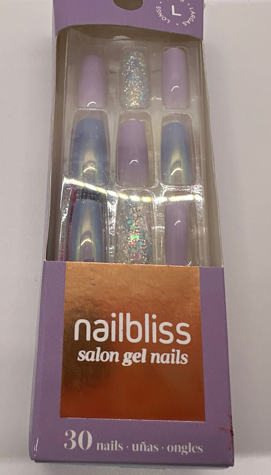 2 Press On Gel Glue On Nails Purple Glitter, Pink Orange Rhinestones Long