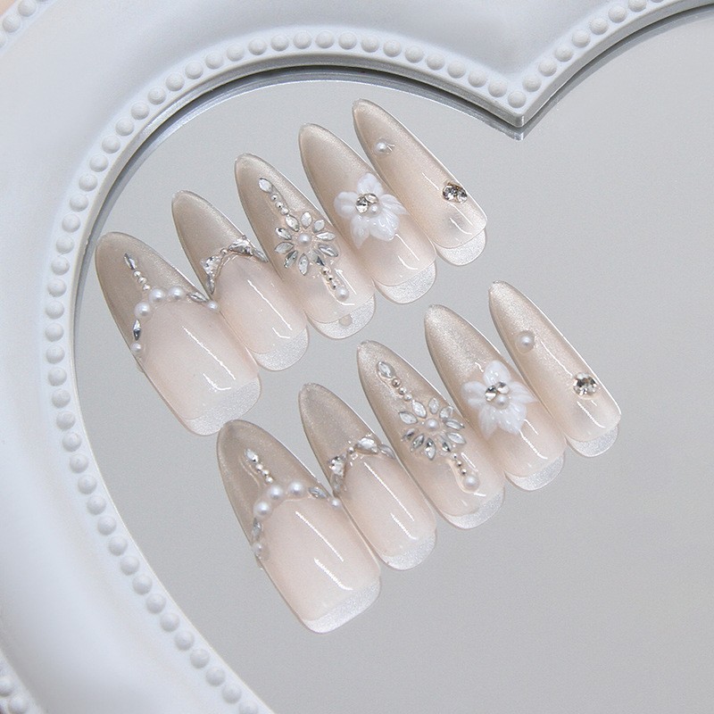 30pcs Cat Eye Press On Nails Long Almond False Nails 3D Crystal Flower