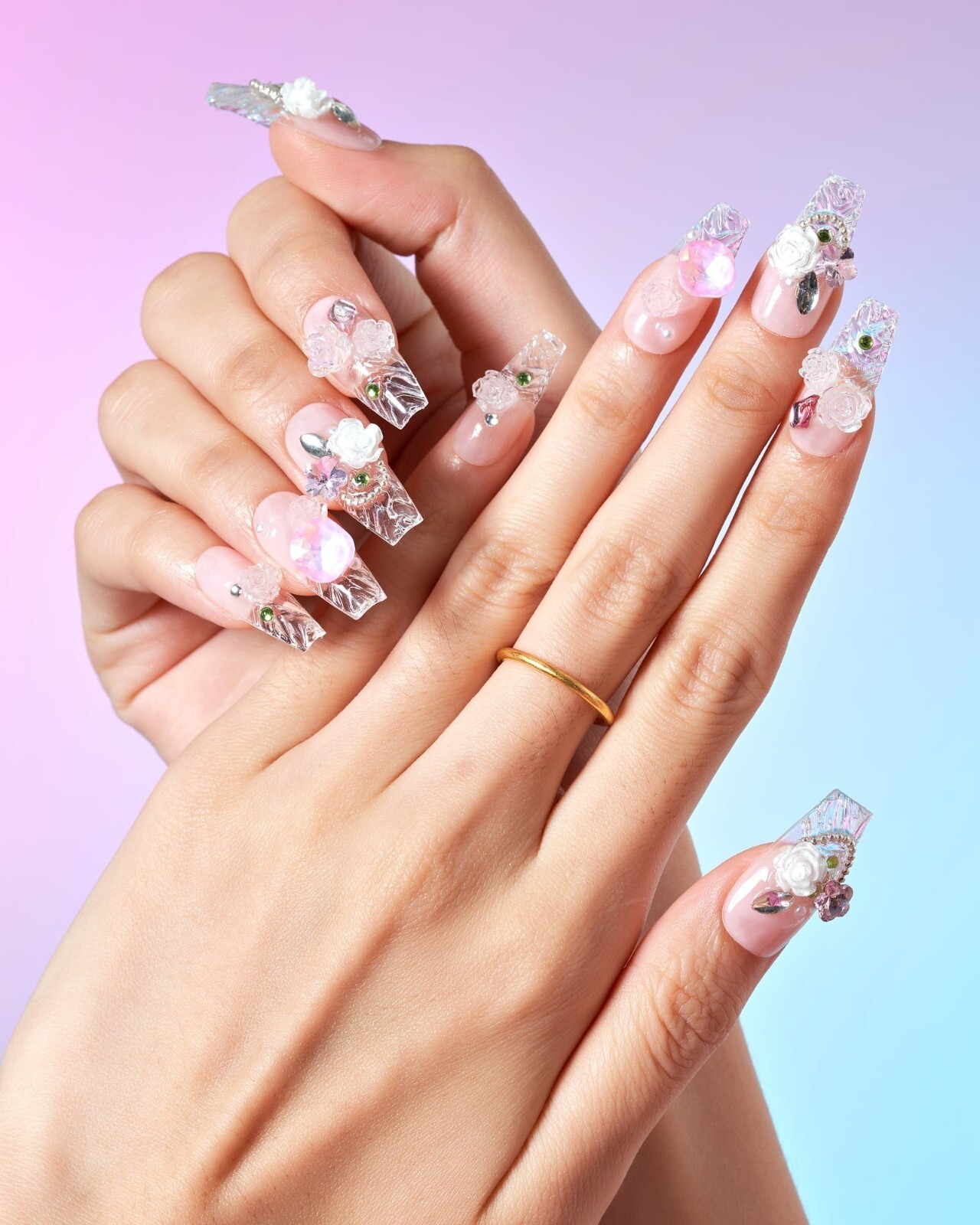 10 Piece 3D Reusable Handmade Press On Nails Crystal Blossom